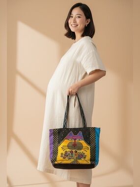 Laura Burch Sun & Beach Canvas Beach Cat Yellow Flowers Purse Bag TM